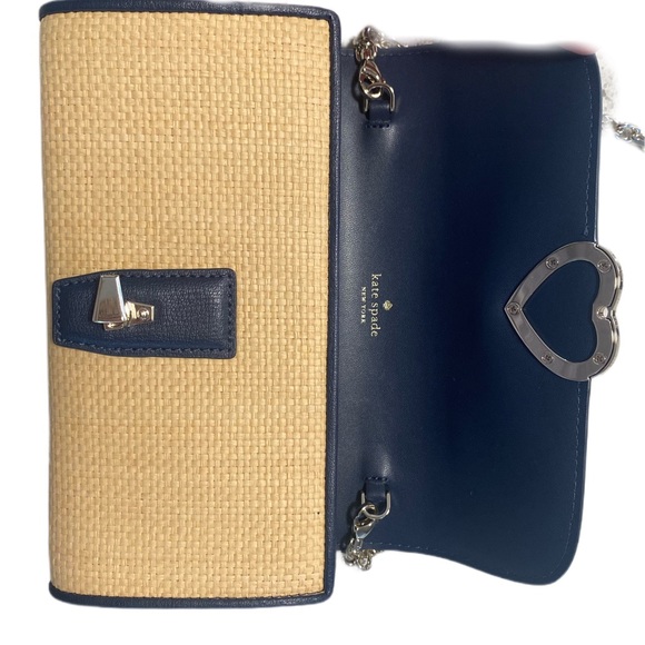 NEW* Kate Spade Robyn Straw HandBag Nightcap Flap Chain Wallet Clutch Navy Logo - Picture 3 of 15